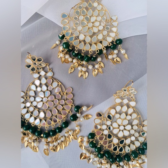 Jewelry Set Earrings Tika Headpiece Indian Bollywood Mirror Work Kundan Bead - Picture 5 of 8